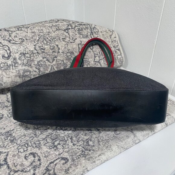 GUCCI Web Sherry Line Black Denim and Leather Trim  Tote Bag - Picture 6 of 9